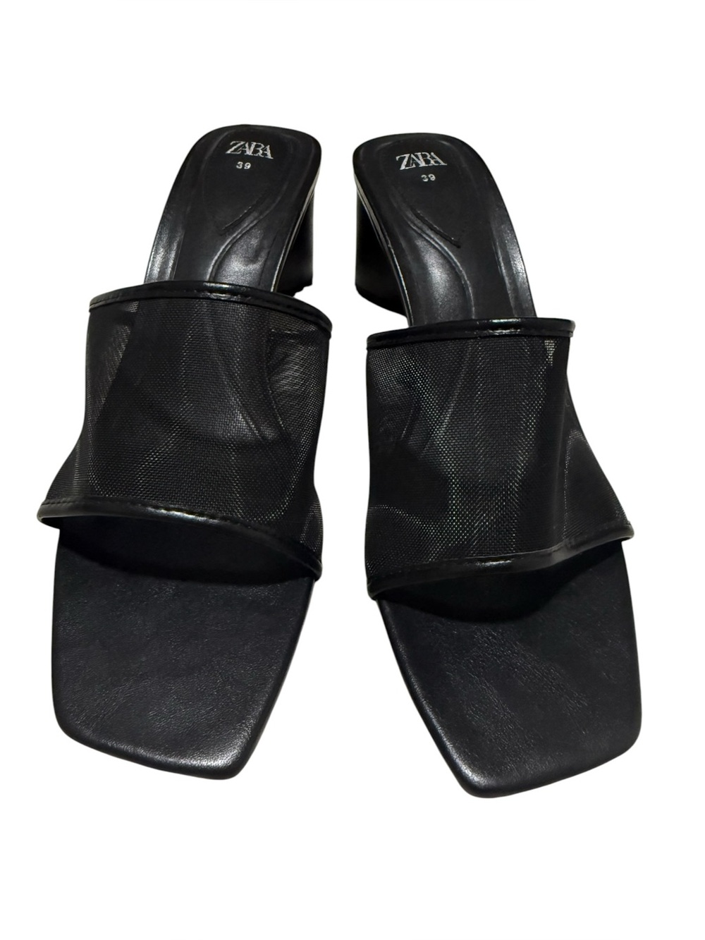 Zara Black Mesh Square-Toe Mule Heels